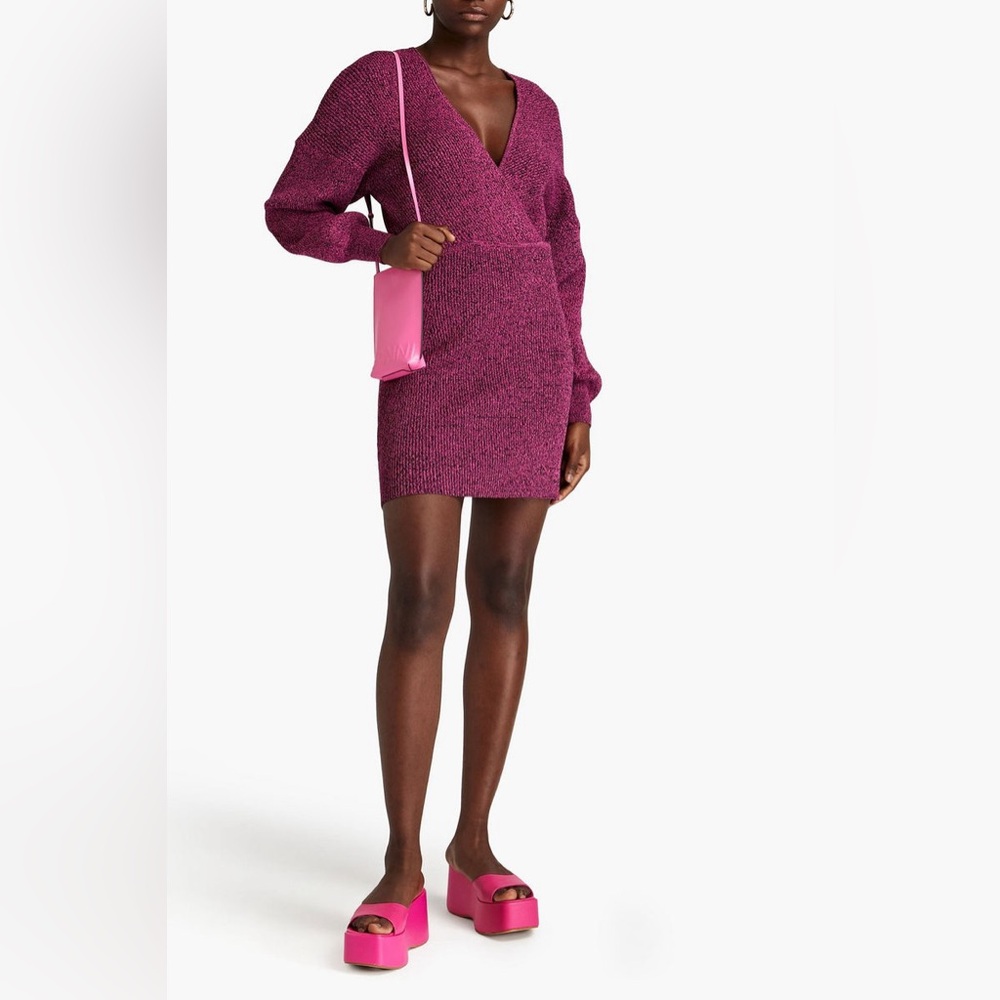 GANNI Melange Knit V-Neck Dress in Carmine Rose Size M - Picture 6 of 14